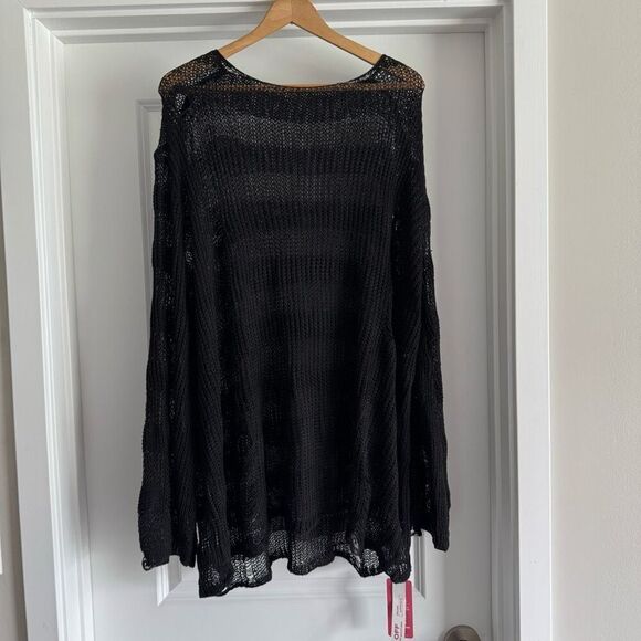 Black Distressed Mesh Grunge Long Sleeve Top Plus Size - Picture 1 of 7